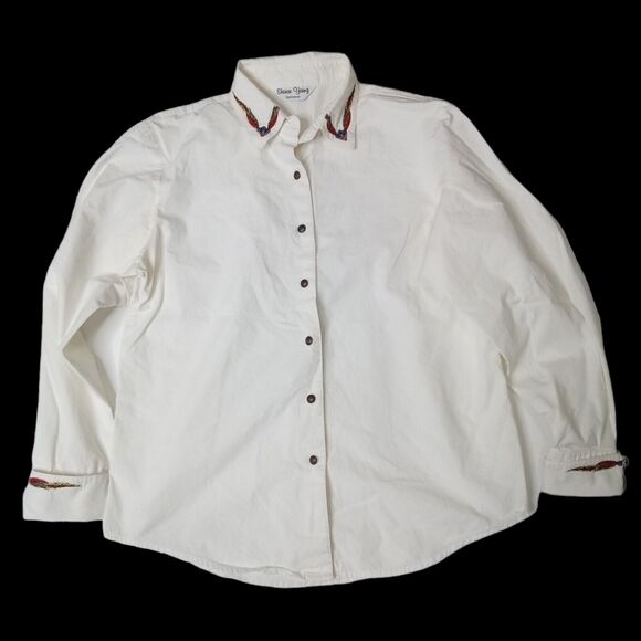 Sharon Young Tops - Womens Sharon Young Button-Up Embroidered Collar & Cuff Shirt Top Size L White